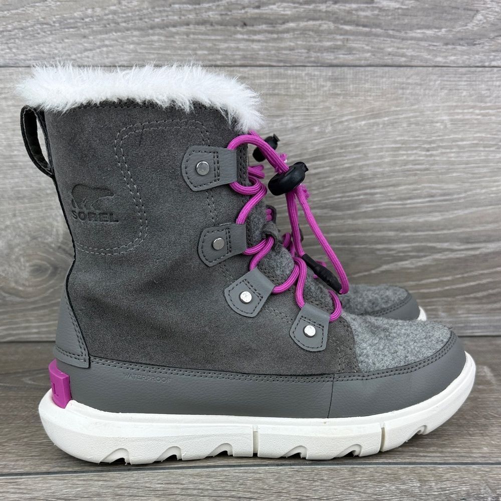 Sorel Youth Explorer Lace Quarry Gray Lavender Waterproof Big Girl Sz 4 Boots
